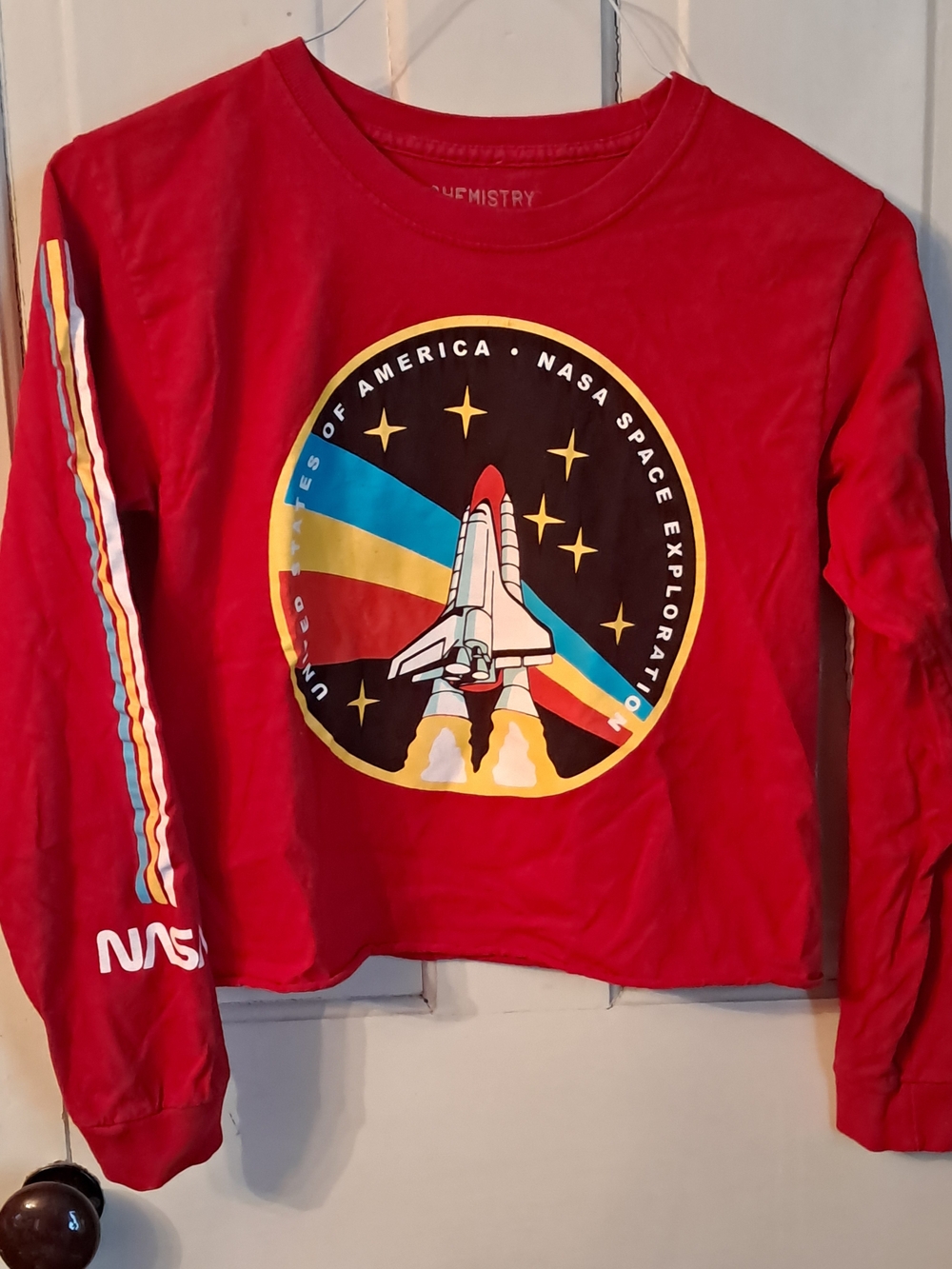 Chemistry Red Long-Sleeve NASA Shuttle Graphic Tee with Rainbow Sleeve Stripe